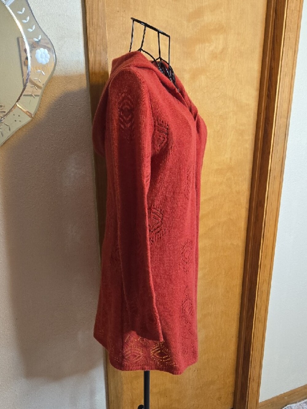 Cynthia Rowley Brick Red Hooded Open Knit Cardigan 100% Cashmere - Picture 3 of 6
